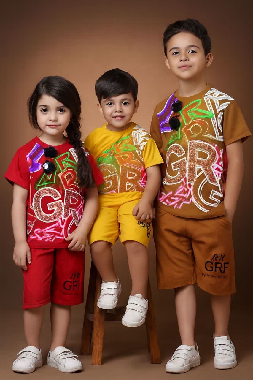 تیشرت شلوارک اسپرت نگینی دخترانه و پسرانه کد 1009