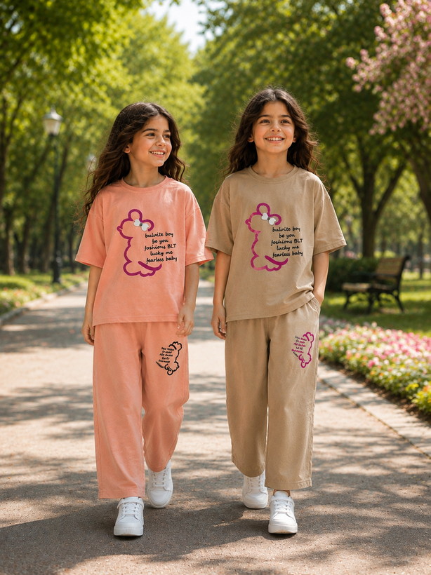 ست دخترانه تیشرت لش با شلوار بگ 60/65 کد 1139